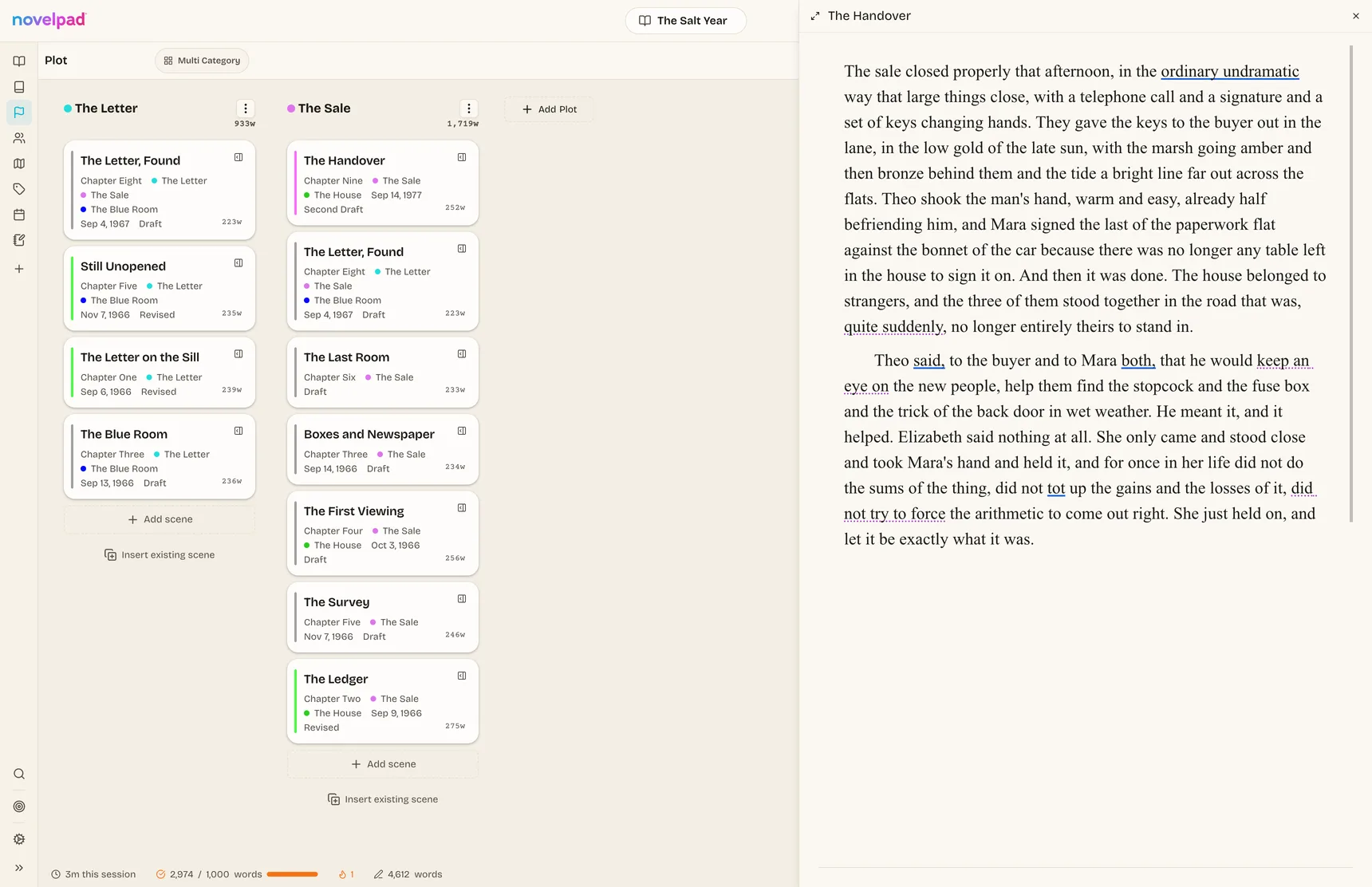 Two plot threads as columns of scene cards, with a scene open for reading beside them